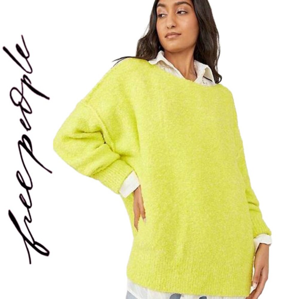 Free People Moira Slouchy Tunic Sweater in Citron Sun Combo Boucle Knit Large - Picture 3 of 12